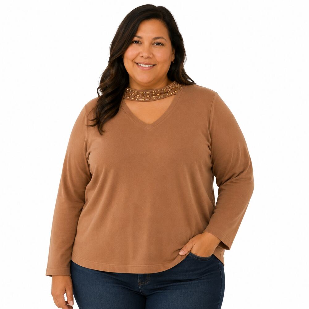 Belle by Kim Gravel Women's 3X Brown Faux Pearl Choker Cutout Sweater NWOT
